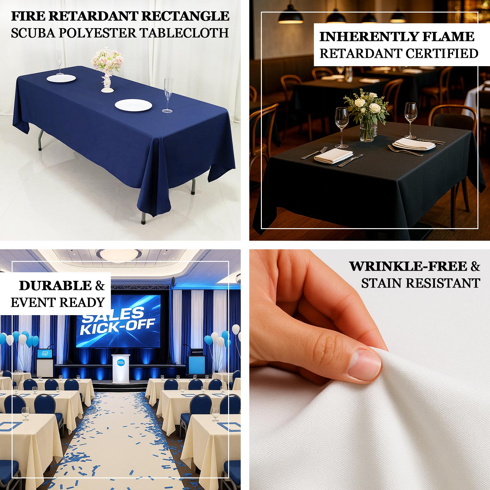 Fire Retardant Scuba Tablecloth – 60"x126" Rectangle White, Wrinkle Free, Stain Resistant Polyester Cover