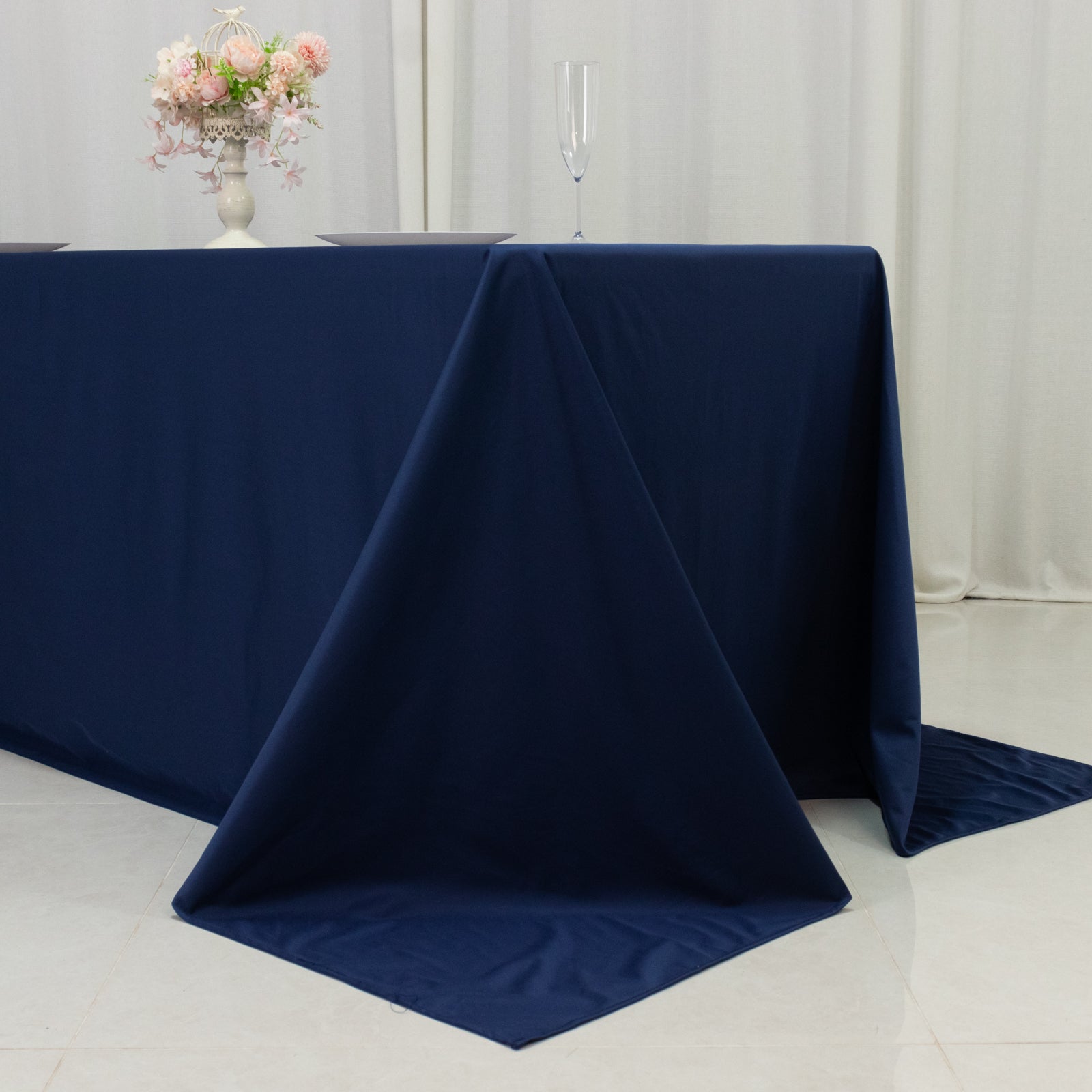 Fire Retardant Scuba Tablecloth – 90"x132" Rectangle Navy Blue, Wrinkle Free, Stain Resistant, Seamless Polyester Cover